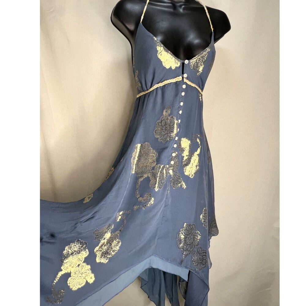 Elizabeth and James Blue Metallic Floral Silk Halter Dress M Boho Slip Midi Y2K - Picture 2 of 7